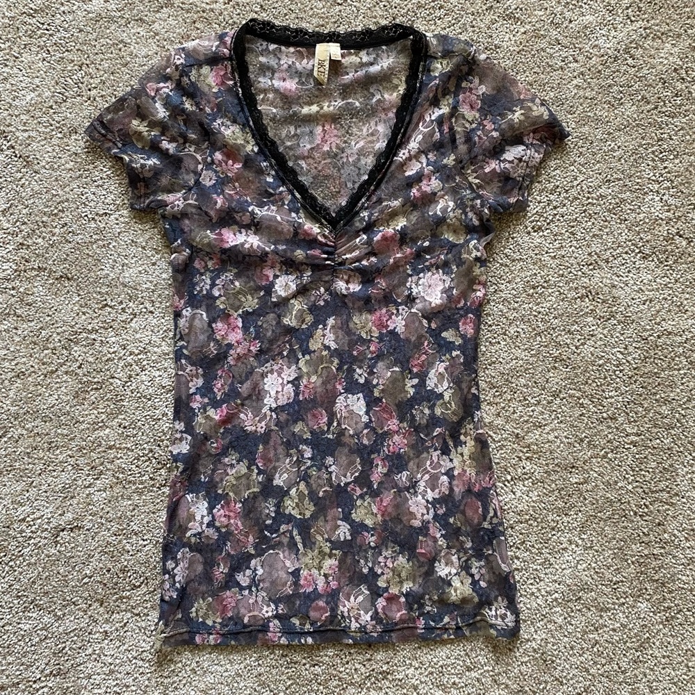 Buckle Sheer Floral V-Neck Top - Black, Pink & Olive